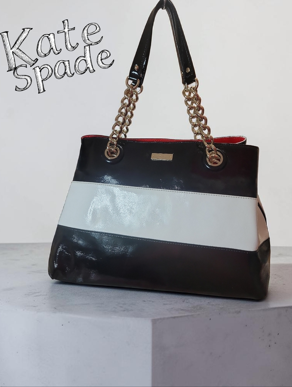 Kate Spade Black, White & Red w/Polka Dot Interior Patent Leather Shoulder Tote - Picture 4 of 15